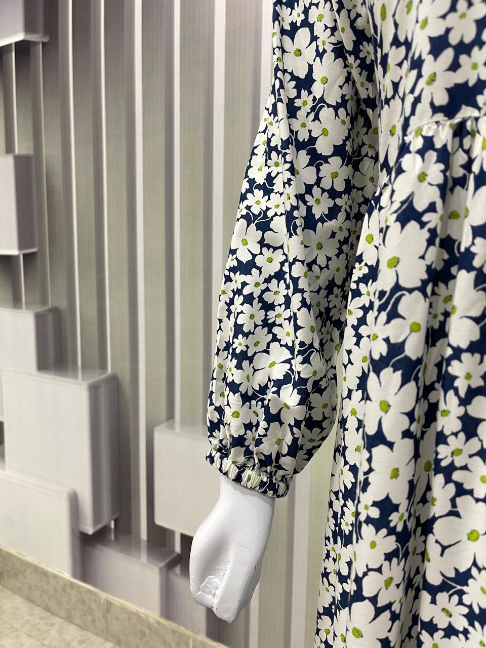 Women’s White Maxi Dress with Blue Floral Print