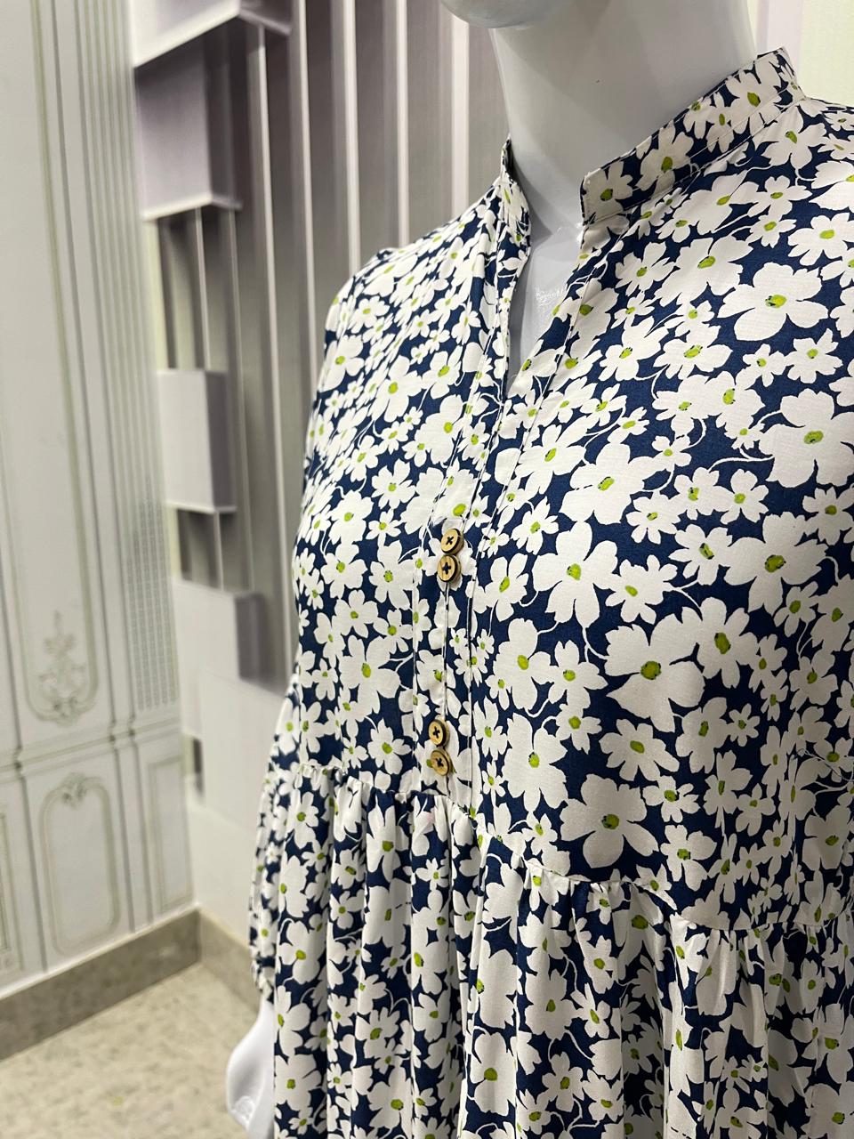 Women’s White Maxi Dress with Blue Floral Print
