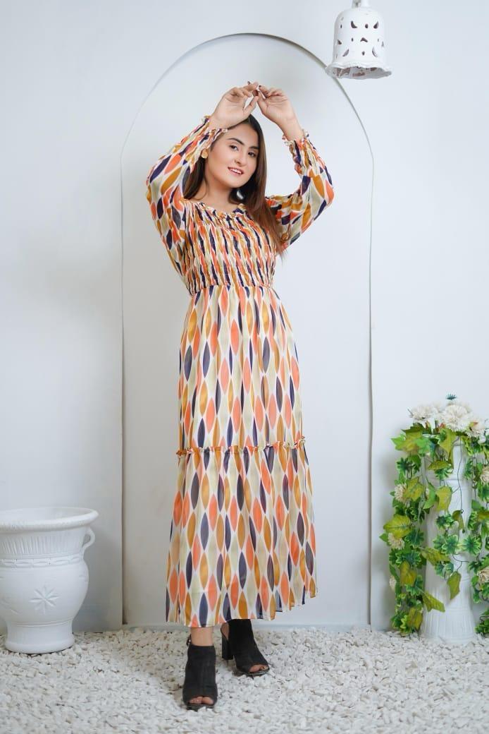 Printed long dress Chiffon Frock - 1 Pc Women Stitched Dress