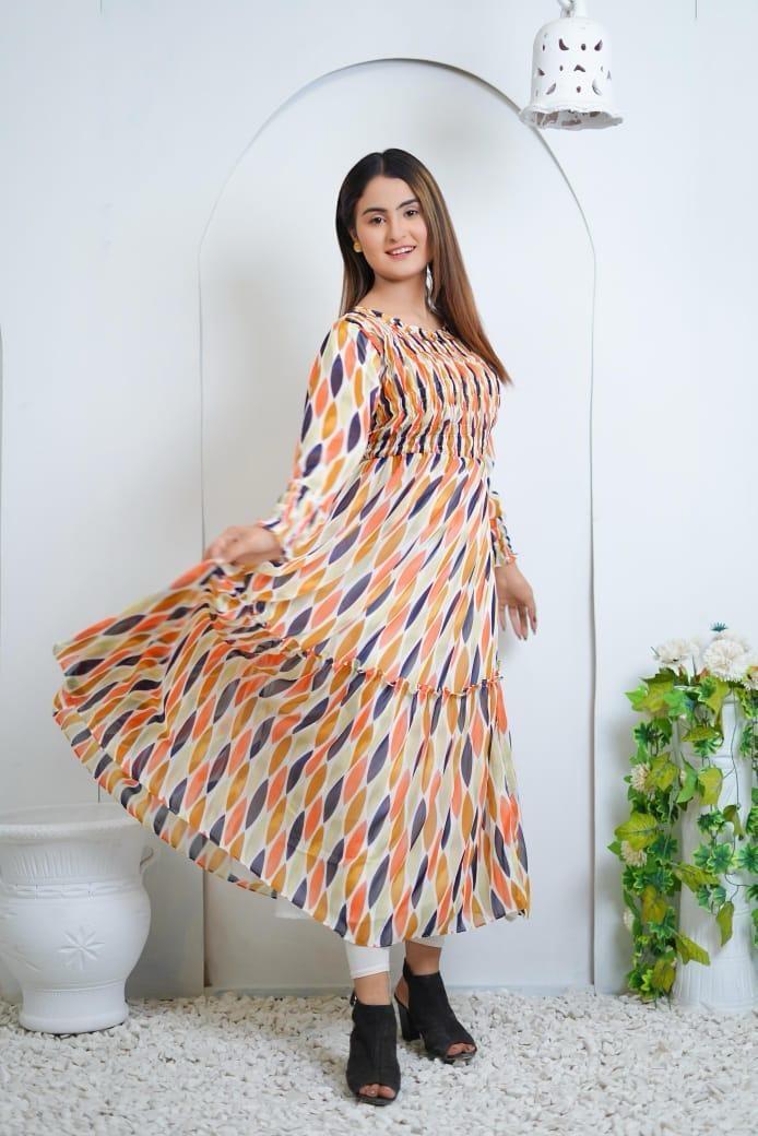 Printed long dress Chiffon Frock - 1 Pc Women Stitched Dress