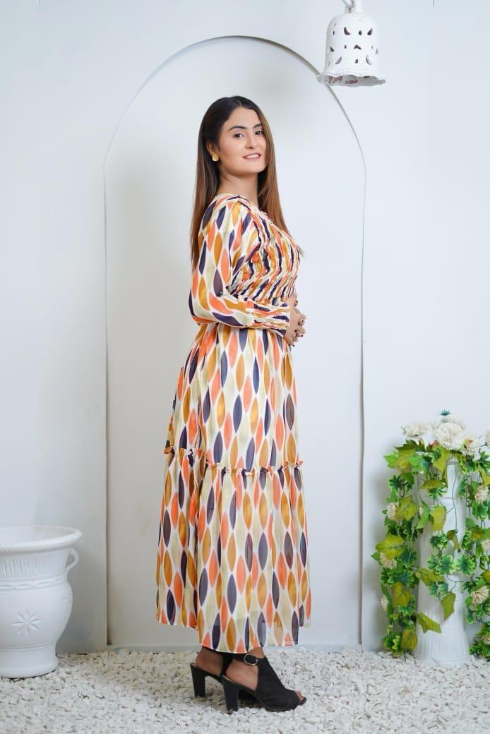 Printed long dress Chiffon Frock - 1 Pc Women Stitched Dress