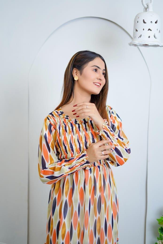 Printed long dress Chiffon Frock - 1 Pc Women Stitched Dress