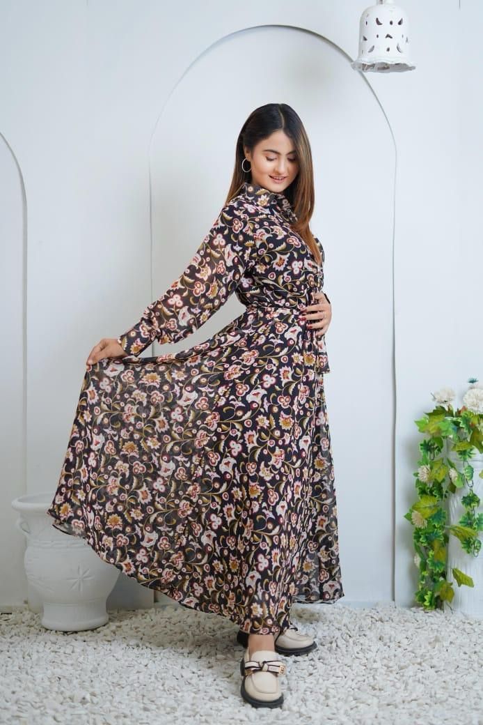 Elegant Printed Chiffon Frock – Round Neck, Standard Size – 1 Pc Long Dress for Women