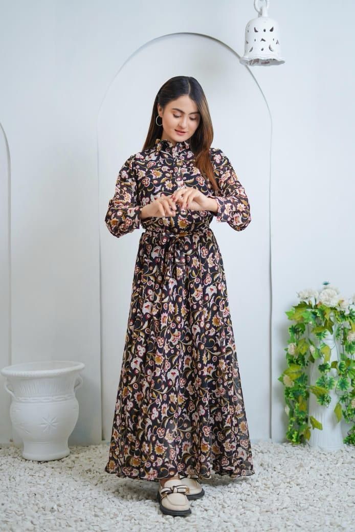 Elegant Printed Chiffon Frock – Round Neck, Standard Size – 1 Pc Long Dress for Women