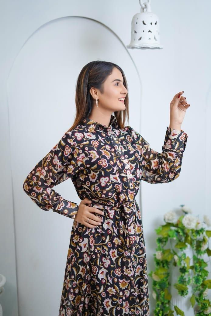 Elegant Printed Chiffon Frock – Round Neck, Standard Size – 1 Pc Long Dress for Women