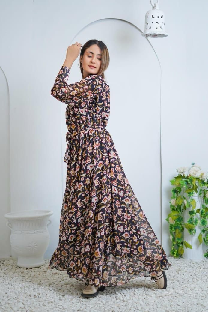 Elegant Printed Chiffon Frock – Round Neck, Standard Size – 1 Pc Long Dress for Women