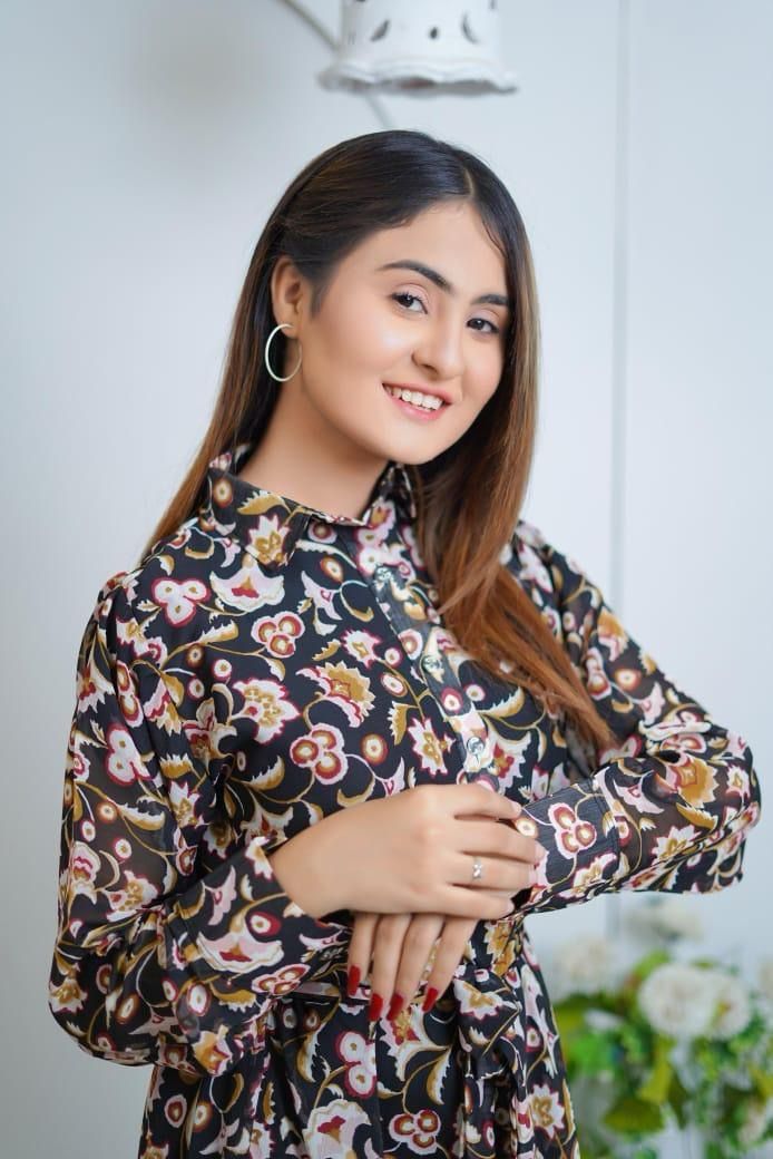 Elegant Printed Chiffon Frock – Round Neck, Standard Size – 1 Pc Long Dress for Women