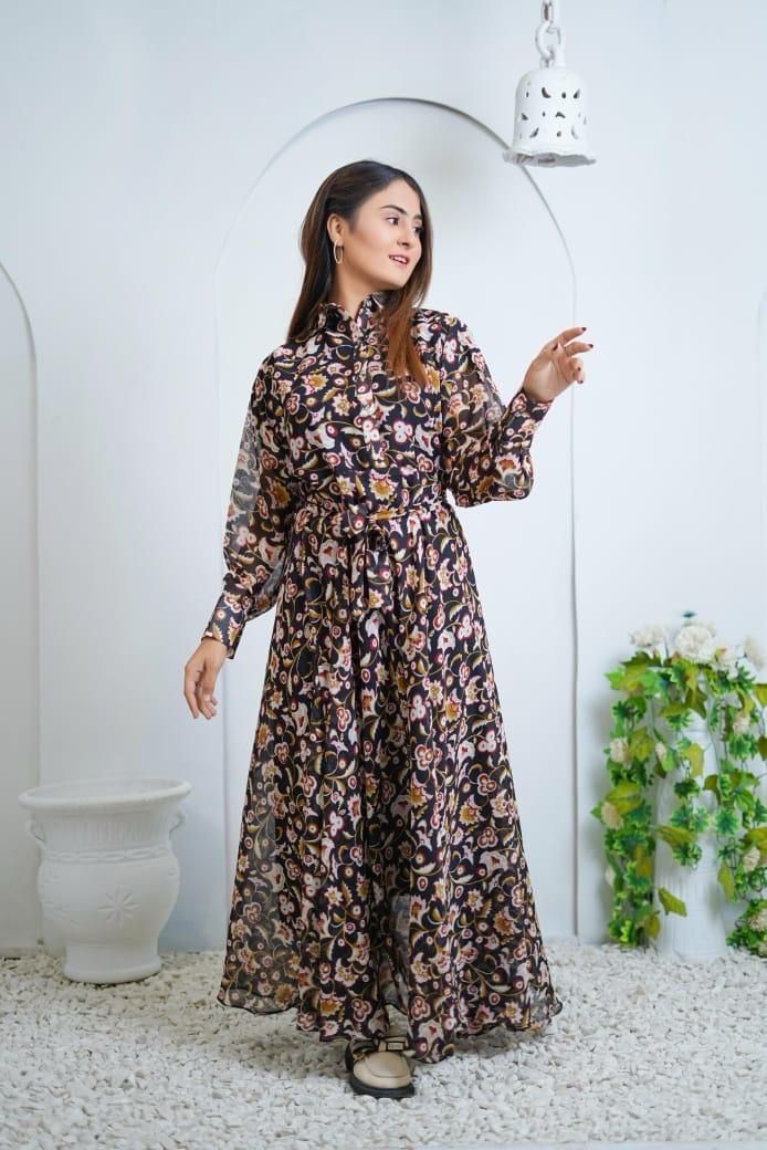 Elegant Printed Chiffon Frock – Round Neck, Standard Size – 1 Pc Long Dress for Women
