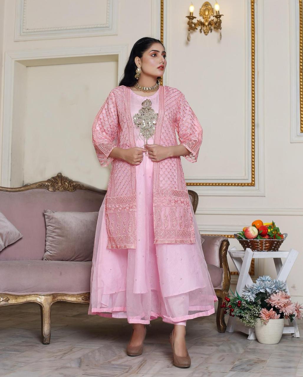 Women’s 2-Piece Pink Organza Embroidered Suit – Shirt, Plain Trouser & Frock