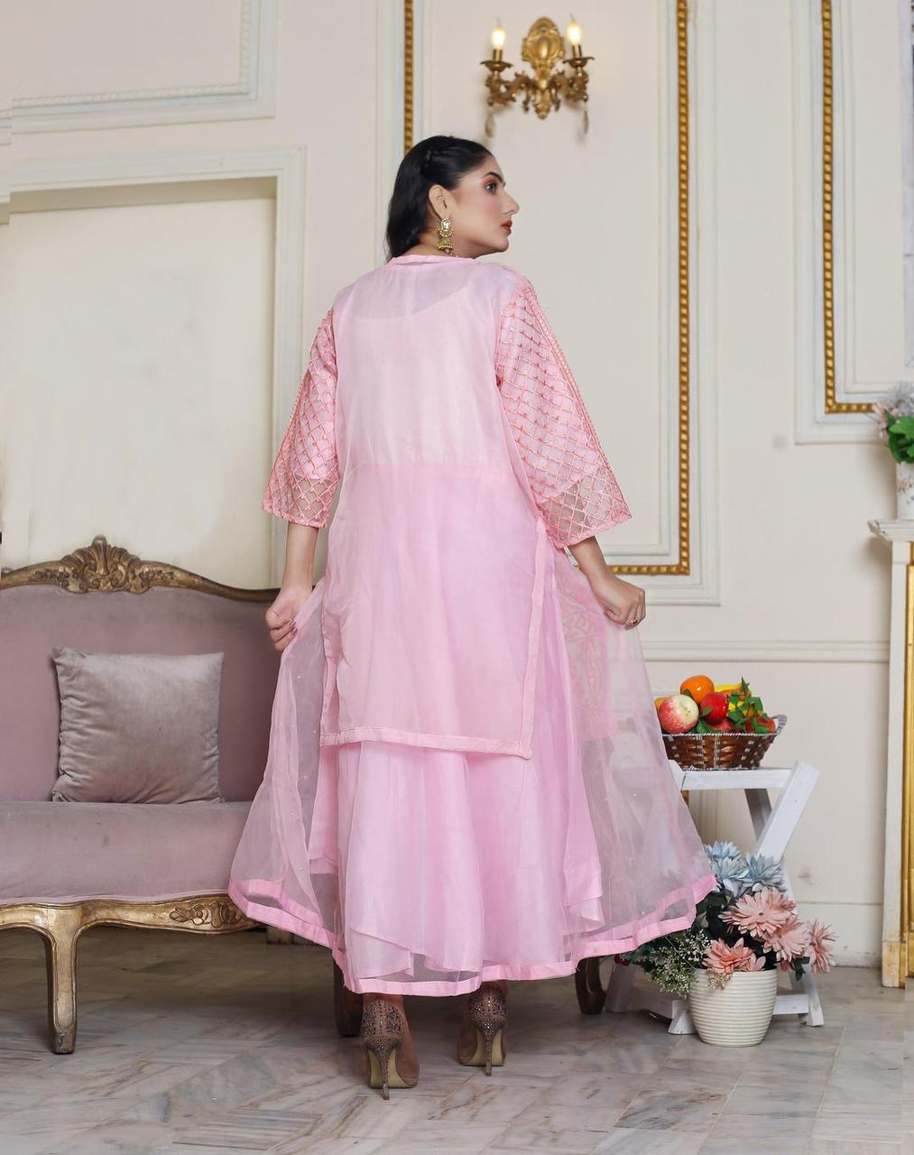 Women’s 2-Piece Pink Organza Embroidered Suit – Shirt, Plain Trouser & Frock
