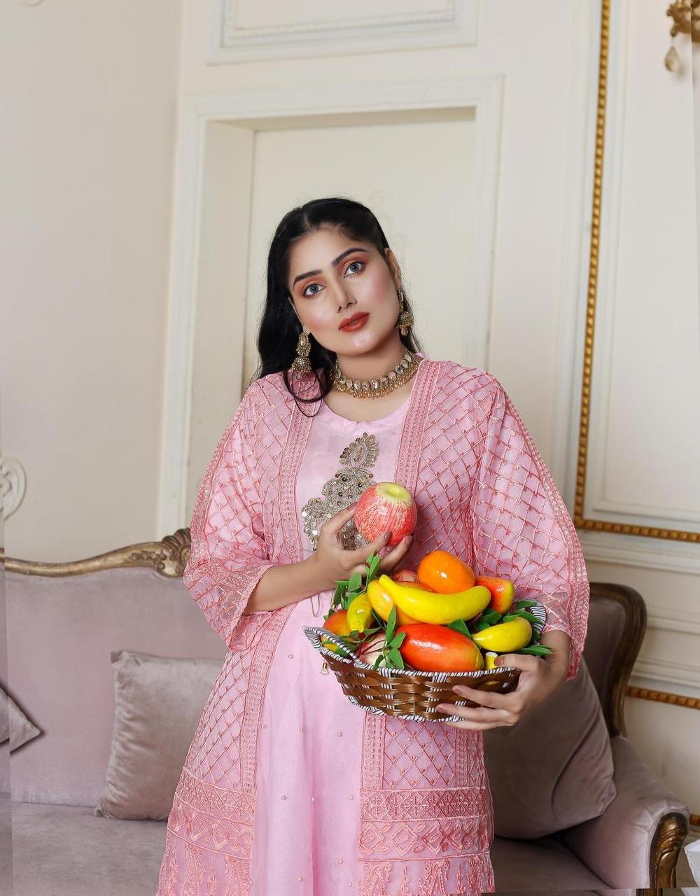 Women’s 2-Piece Pink Organza Embroidered Suit – Shirt, Plain Trouser & Frock