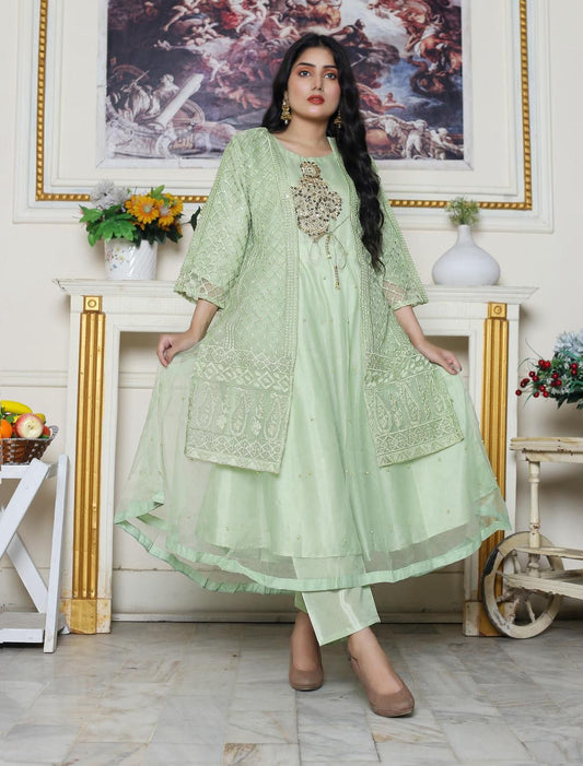 Women’s 2-Piece Green Organza Embroidered Suit – Shirt & Trouser