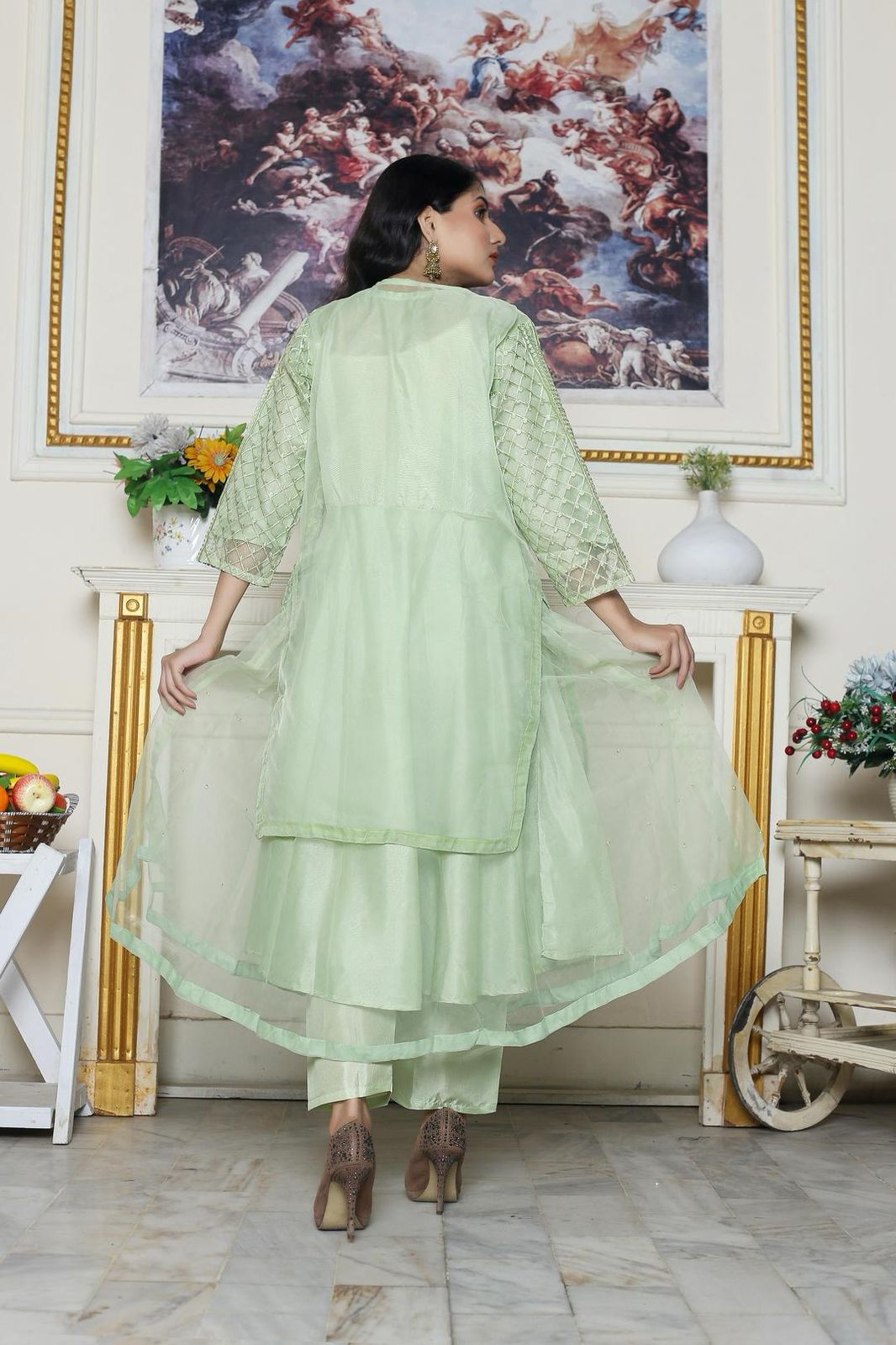 Women’s 2-Piece Green Organza Embroidered Suit – Shirt & Trouser