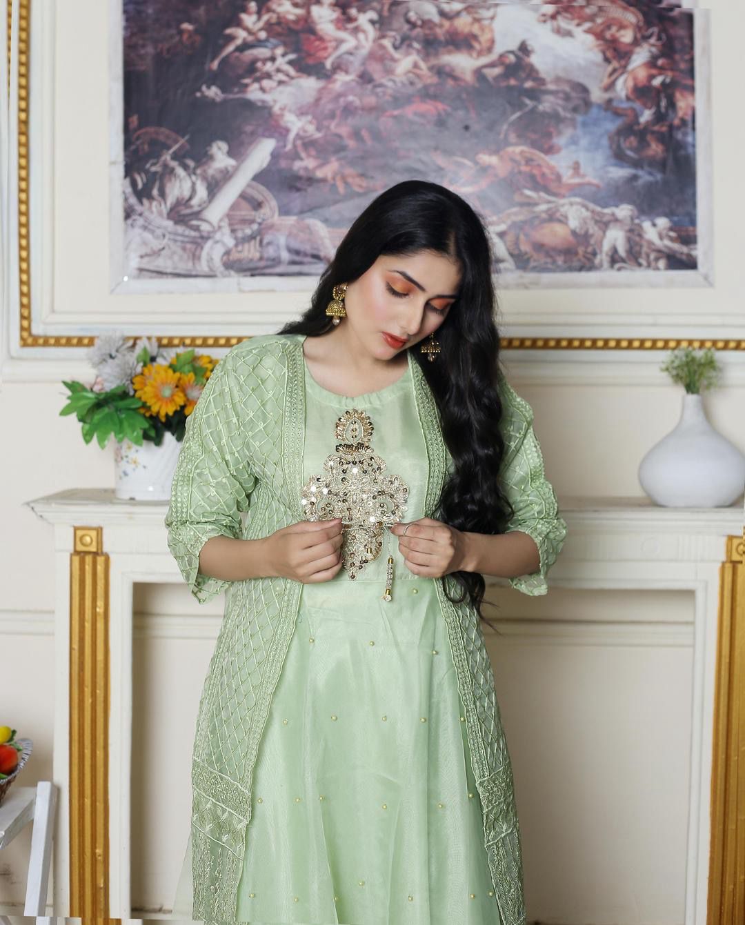 Women’s 2-Piece Green Organza Embroidered Suit – Shirt & Trouser