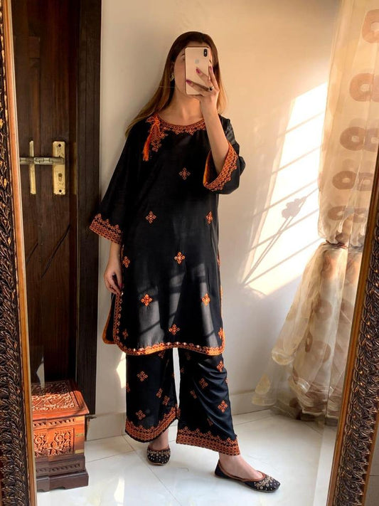 2 Pcs Women's Stitched Linen Embroidered Shirt And Trouser
