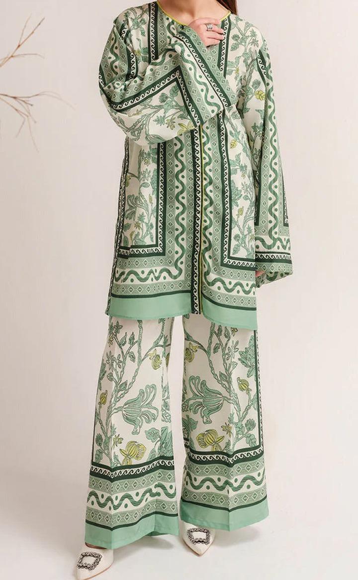 Stylish Printed V-Neck Shirt and Plain Trouser Set - 2 Pcs for Women