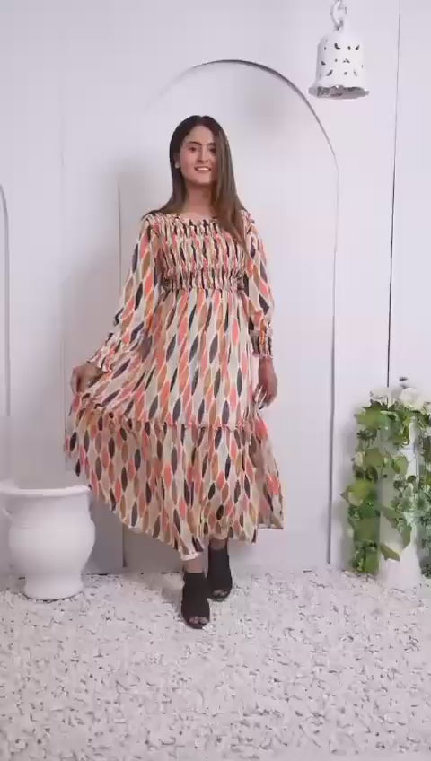 Printed long dress Chiffon Frock - 1 Pc Women Stitched Dress